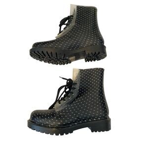 Dirty Laundry Black Polka Dot Lace Up Rain Boots Waterproof Combat Size 8 Goth